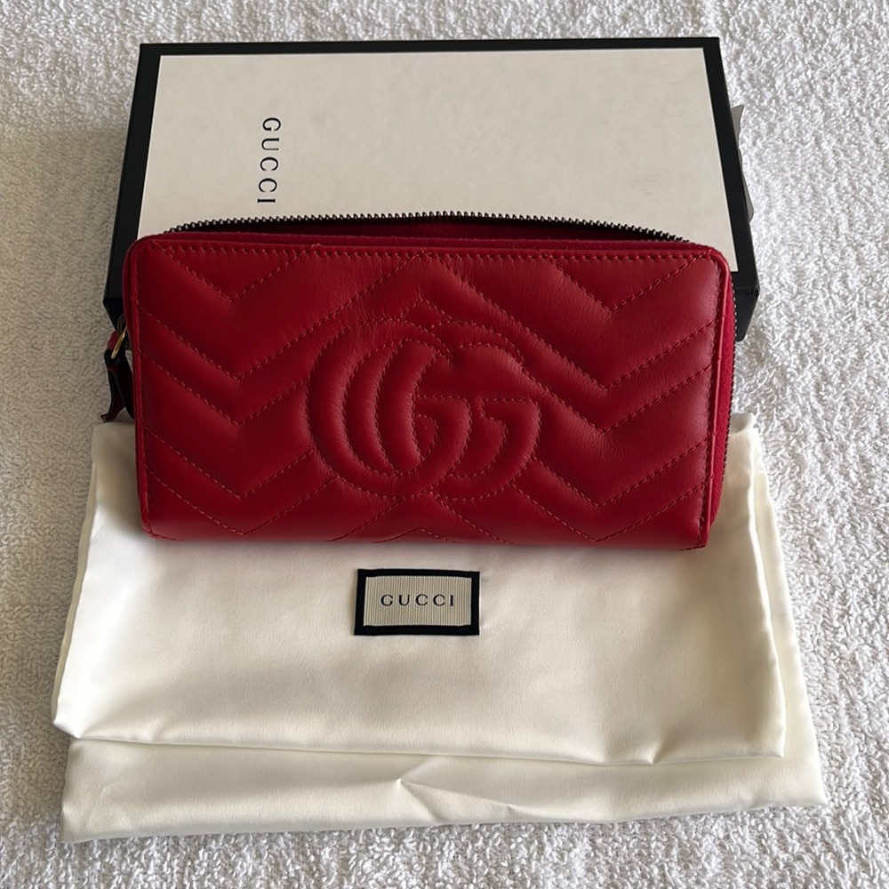 Gucci Calfskin Matelasse GG Marmont Zip Around Wallet Hibiscus Red - Picture 4 of 16